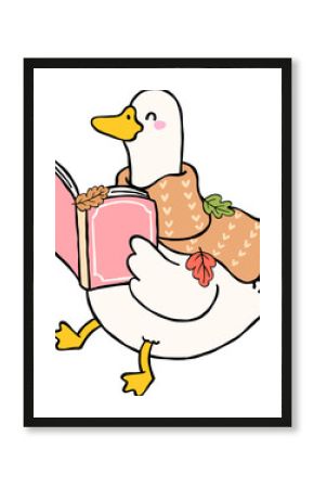 Fall Bookish Silly Goose Reading a Book with Scarf Cartoon