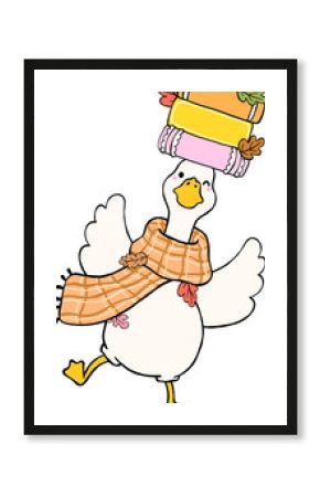 Fall Bookish Silly Goose Reading Carrying Stack Books on head cartoon