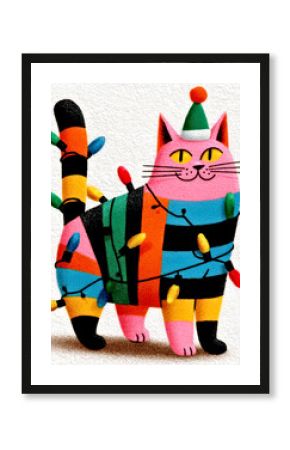 Festive Striped Cat Wrapped in Colorful Holiday Lights and Green Hat. Christmas or New Year concept