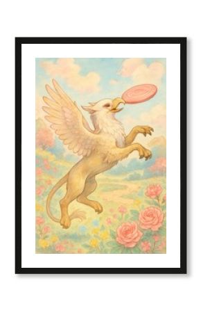 Whimsical griffin in pastel landscape.