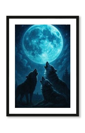 Wolves howling under moonlight.