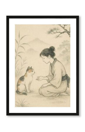 Serene interaction between girl, cat.