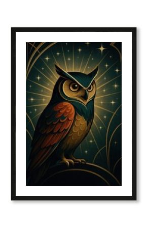 Mystical owl under starlit sky.