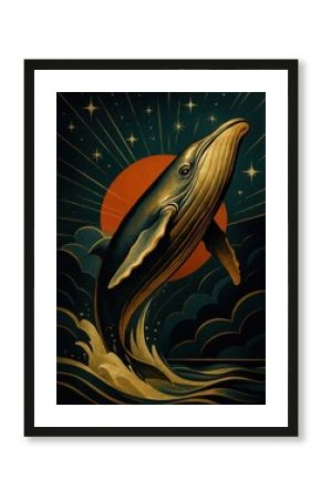 Whale, stars, waves, vintage, art