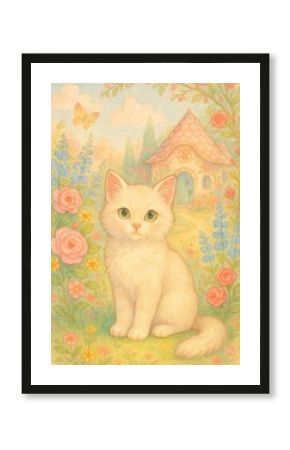Whimsical cat in floral garden.