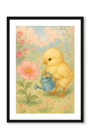 Chick watering flower illustration