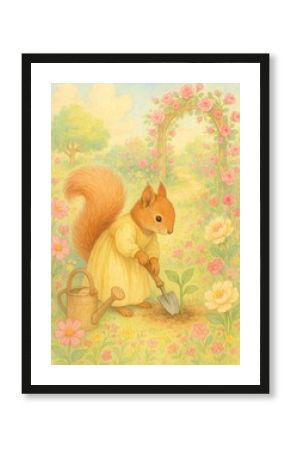 Whimsical squirrel gardening scene