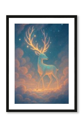 Ethereal deer amidst glowing clouds.