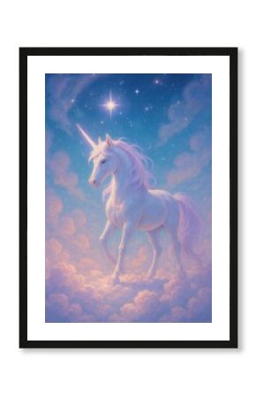 Majestic unicorn amidst dreamy clouds.