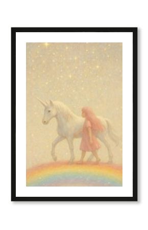 A dreamy scene with a young girl and a unicorn walking on a rainbow mobile wallpaper