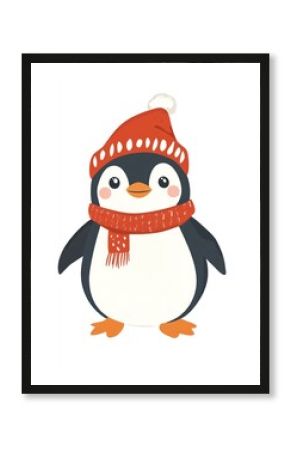 Cute penguin wearing winter outfit illustration animal outdoors.