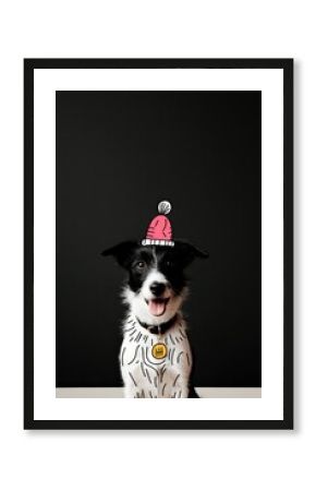 Happy dog wearing a festive santa hat doodle illustration perfect for christmas greeting or pet design