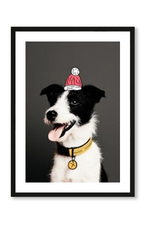 Happy dog wearing a festive santa hat doodle illustration perfect for christmas greeting or pet design