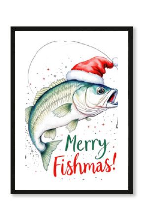 A largemouth bass wearing a santa hat and the text merry fishmas, isolated on transparent background