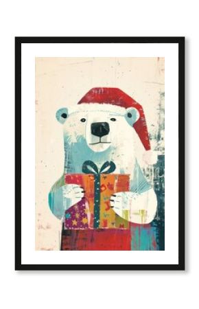 A Happy polar bear celebrating Christmas wearing Santa hat art christmas painting.