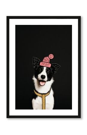 Cute portrait of a happy dog wearing a hand drawn winter hat on minimal background for festive pet design