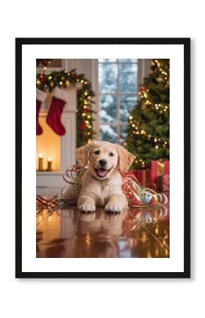 Adorable Golden Retriever Puppy with Ribbons Lying on Floor in Festive Christmas Living Room with Tree Stockings and Gifts
