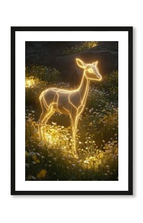 A radiant golden glowing deer in a mystical meadow of illuminated wildflowers at night.