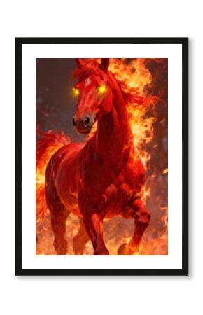 A vibrant red horse emerges from blazing flames, showcasing its powerful physique and glowing eyes. The intense fire creates a captivating backdrop, enhancing the horse's fierce presence