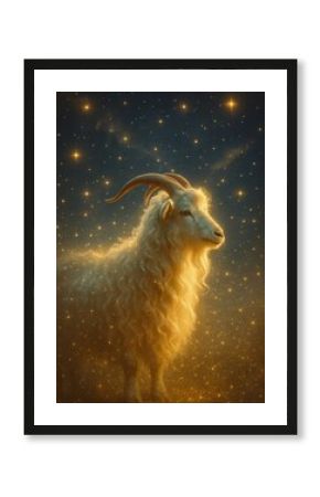 Mystical goat under starry sky.