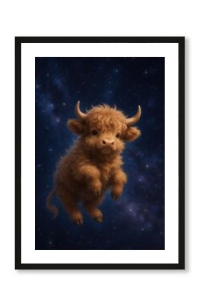 Adorable highland cow floating galaxy.