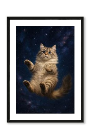 Fluffy cat floating in space.