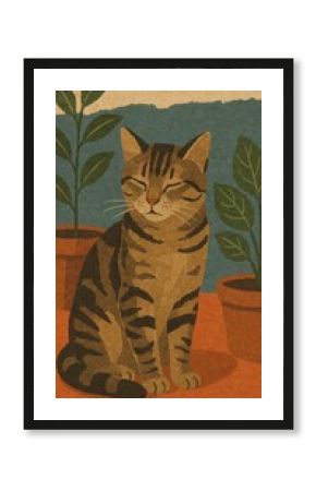 Vintage cat illustration with plants.