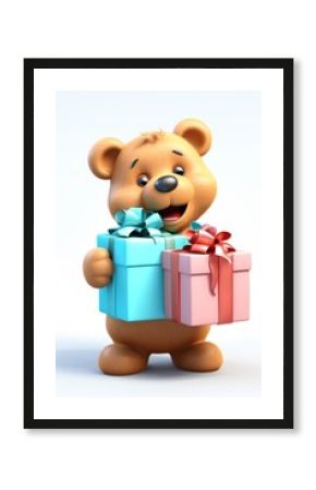 Bear holding big gift cartoon toy representation.
