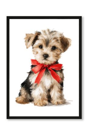 cute looking watercolor yorkshire terrier puppy with red christmas ribbon isolated on white or transparent png