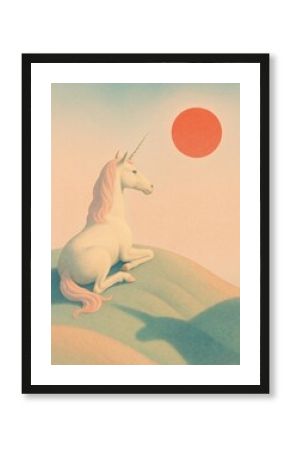 Surreal unicorn under red sun.