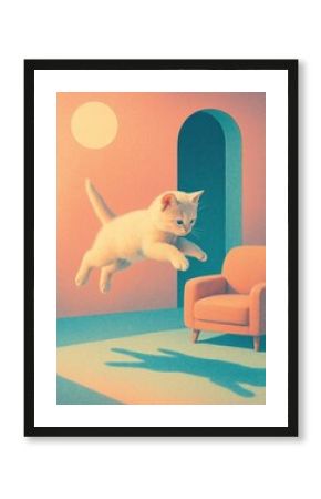Surreal cat leaps indoors.