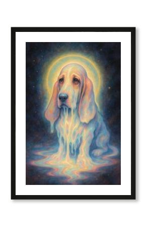 Ethereal dog melting into cosmos.