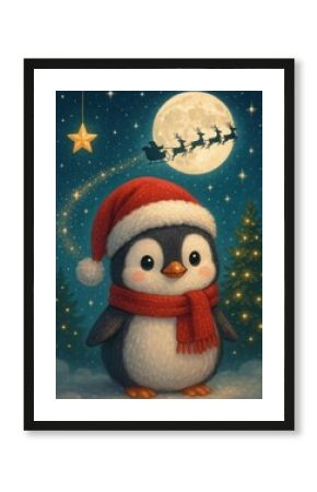 Festive penguin under moonlight.