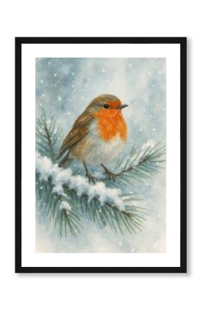Charming robin on snowy branch.