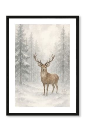 Majestic deer in snowy forest.