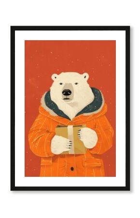 Polar bear wear jacket and holding a box mammal animal art.