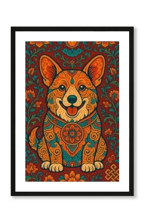 Colorful corgi floral pattern wallpaper.