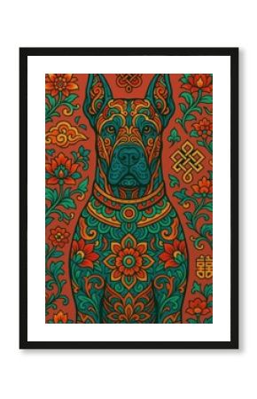 Intricate floral dog design wallpaper.