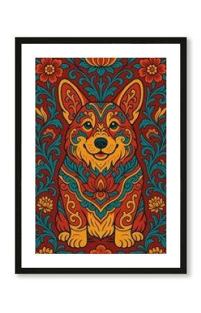 Vibrant floral corgi illustration wallpaper.