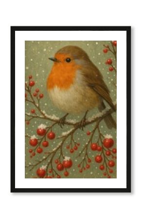 Charming robin on snowy branch.