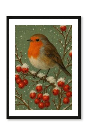 Charming robin amidst snowy berries.