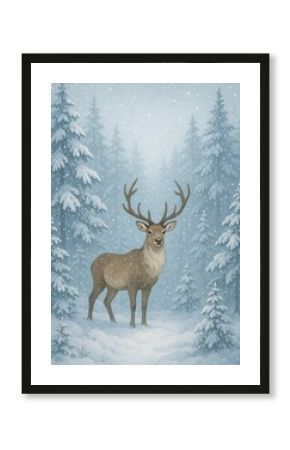 Majestic deer in snowy forest.