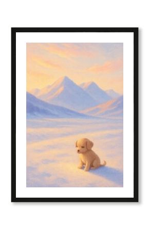 Cute puppy in snowy mountains.