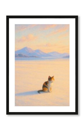 Serene cat snowy landscape.