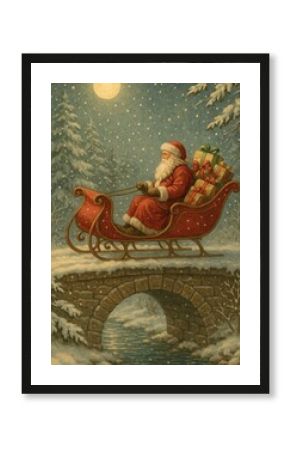 Vintage Santa sleigh winter scene.