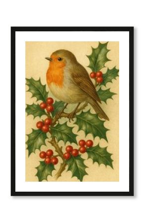 Vintage robin holly illustration wallpaper.