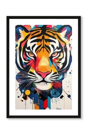 A colorful, abstract tiger face with exaggerated features in a Pop art aesthetic