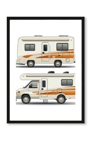 Camping trailers and rv car. Vector motorhome, camper caravan and house truck icon isolated on white background. Recreation vehicle with camping van side view. Travel car for outdoor vacation set