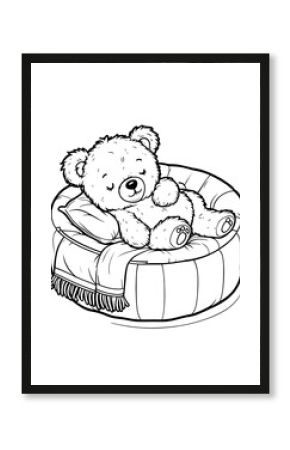 Fluffy Teddy Bear in Cozy Pet Bed Outline for Coloring Book Pages