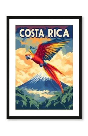 A parrot flying over a tropical rainforest below, a colorful illustration for an advertising campaign for costa rica